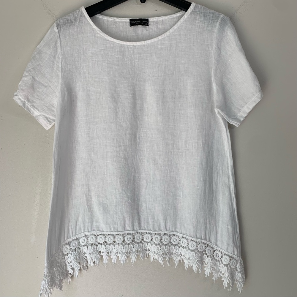 Terzo Millennio Italian 100% Linen White Tunic Top Lace Crochet Shirt Small